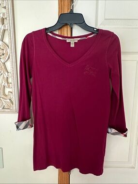 Burberry Brit V-Neck Long Sleeve Top in Deep Berry . Check Cuffs /Iconic logo .